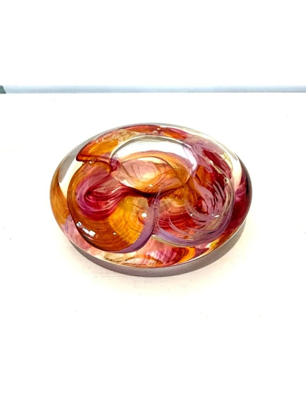 Hand Blown Art Glass Paperweight Vibrant Orange and Pink,